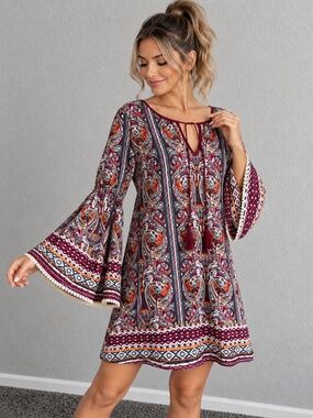 Takara Womens L Paisley Boho Tunic Dress Bell Sleeve Tassel Burgundy Multicolor